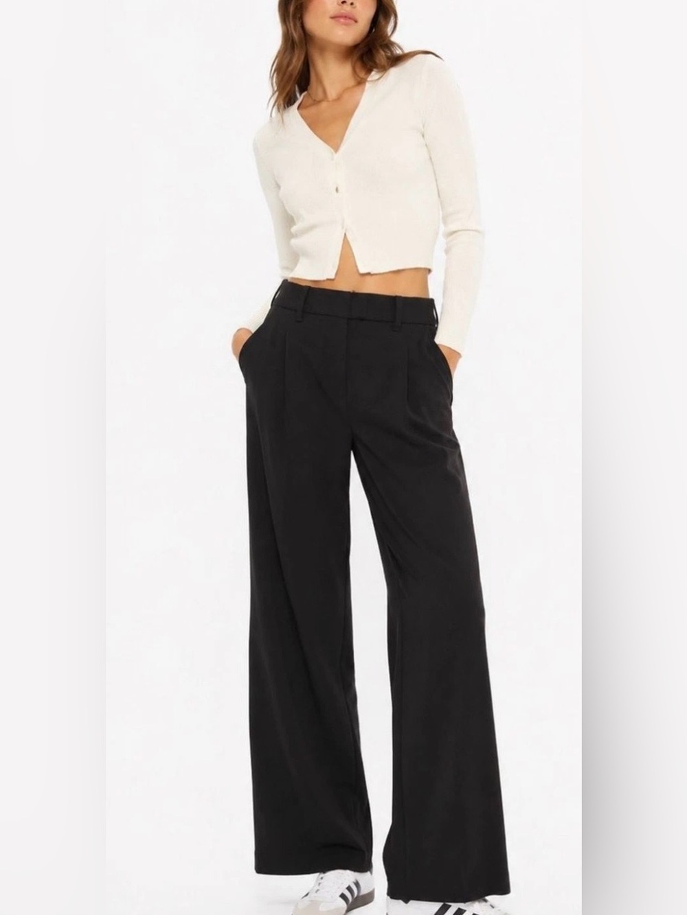 American Eagle Wide Leg Trousers Size 4 Black Trendy Minimalist High Rise Preppy